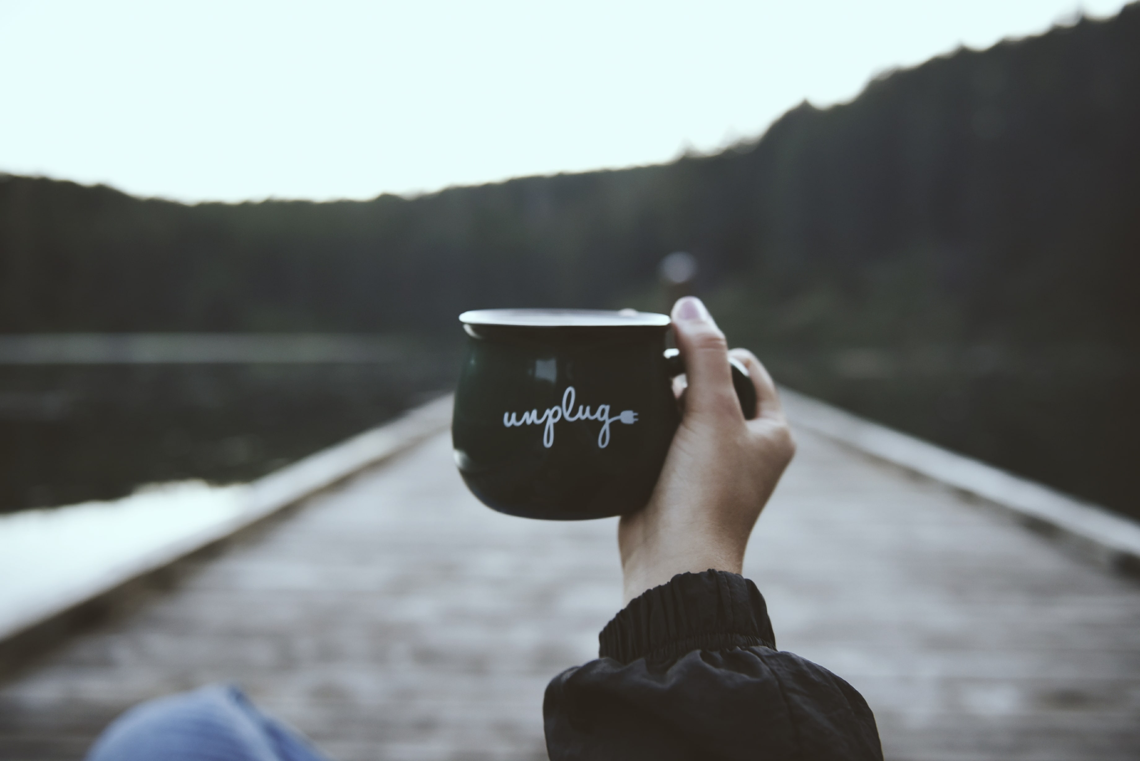 A person sat looking over a lake surrounded by trees holding a mug printed with the word unplug.