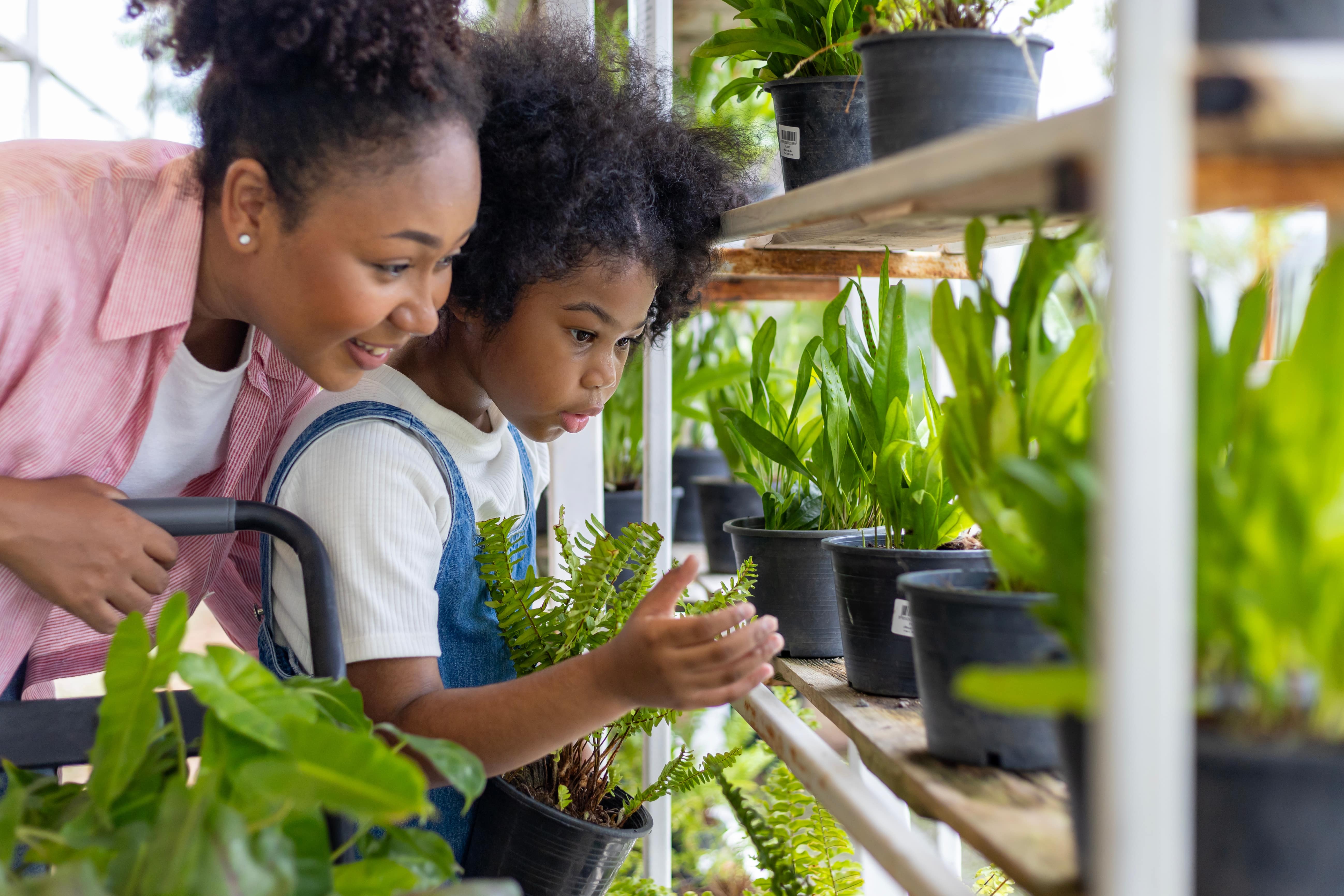 A mum and daughter caring for the young plants in their greenhouse together.