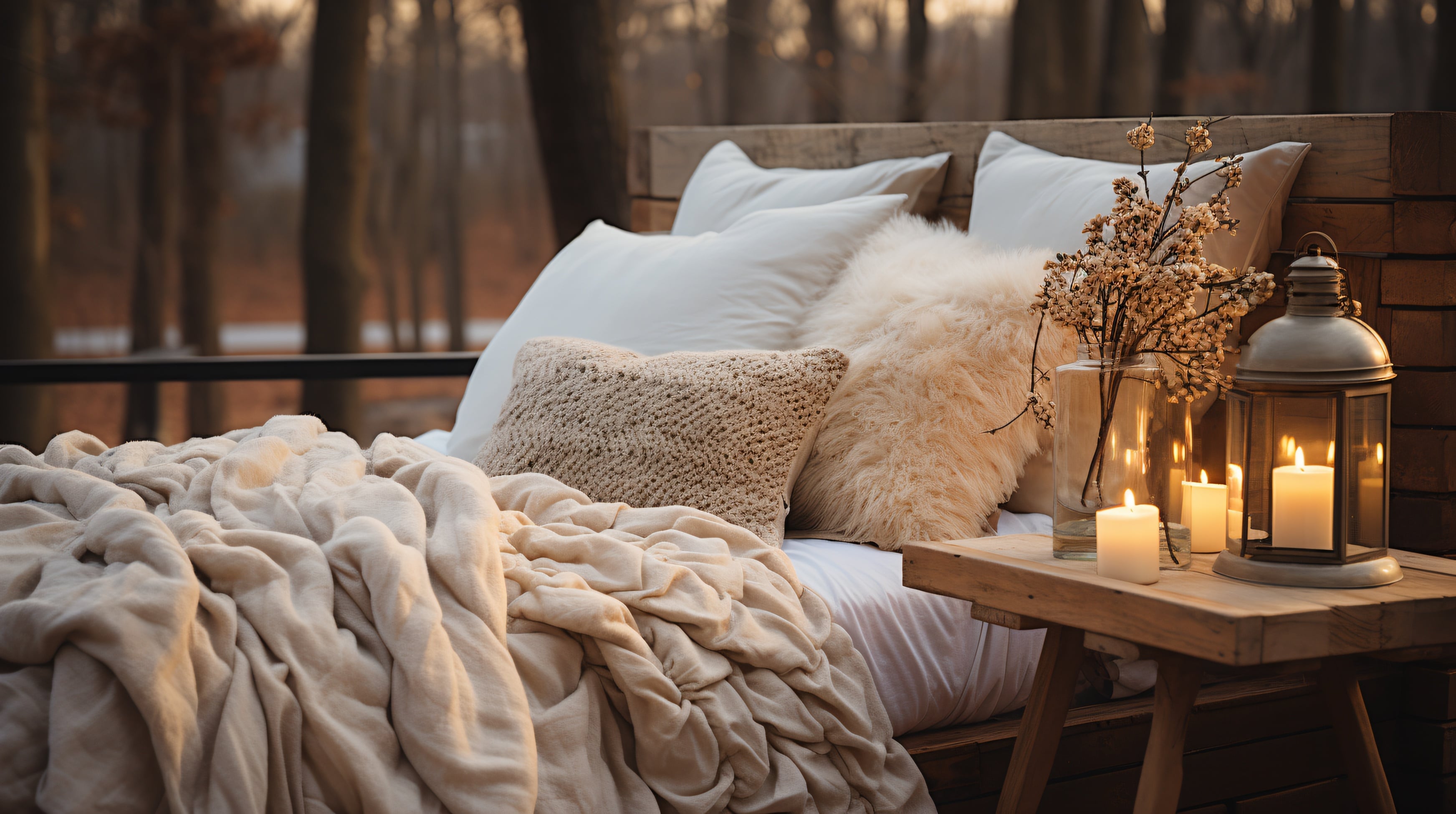 A bed outdoors in the woods surrounded by trees. Candles lie on bedside tables constructed from natural wood and the bed is filled with tactile bedding and cushions to promote the concept of sleep wellness.