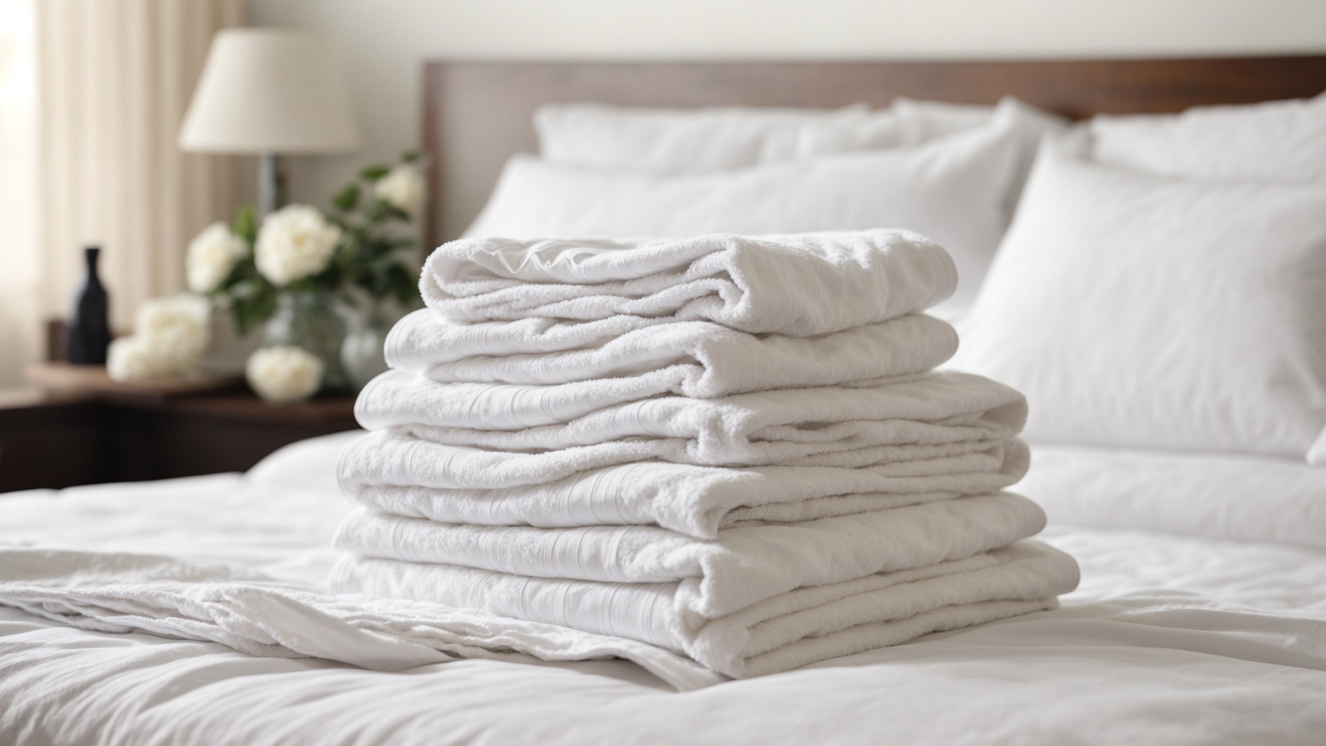 An image of a freshly made bed with a pile of fresh, clean towels placed upon it ready for the arrival of guests.