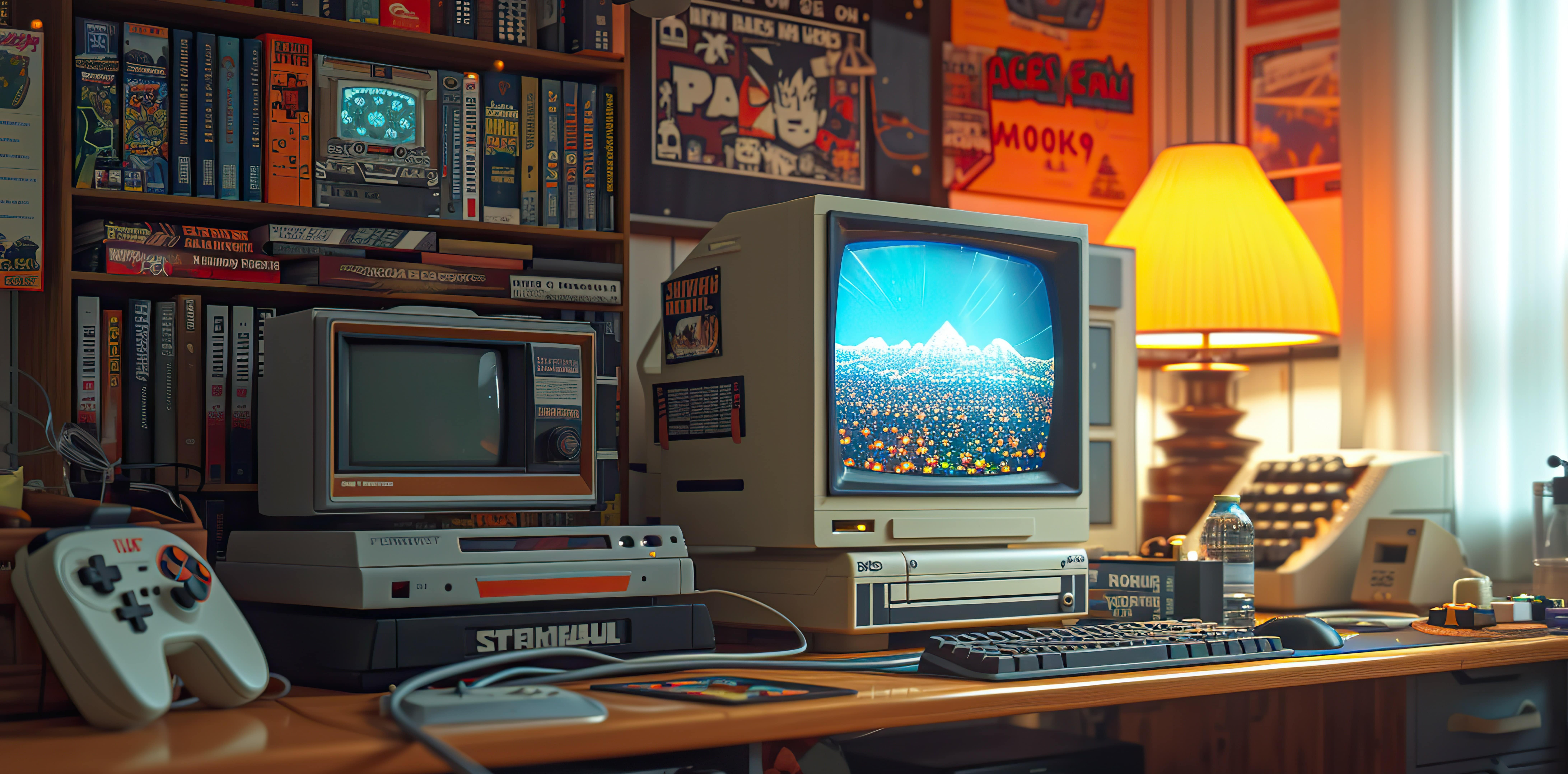 An image showcasing a display of retro gaming memorabilia.