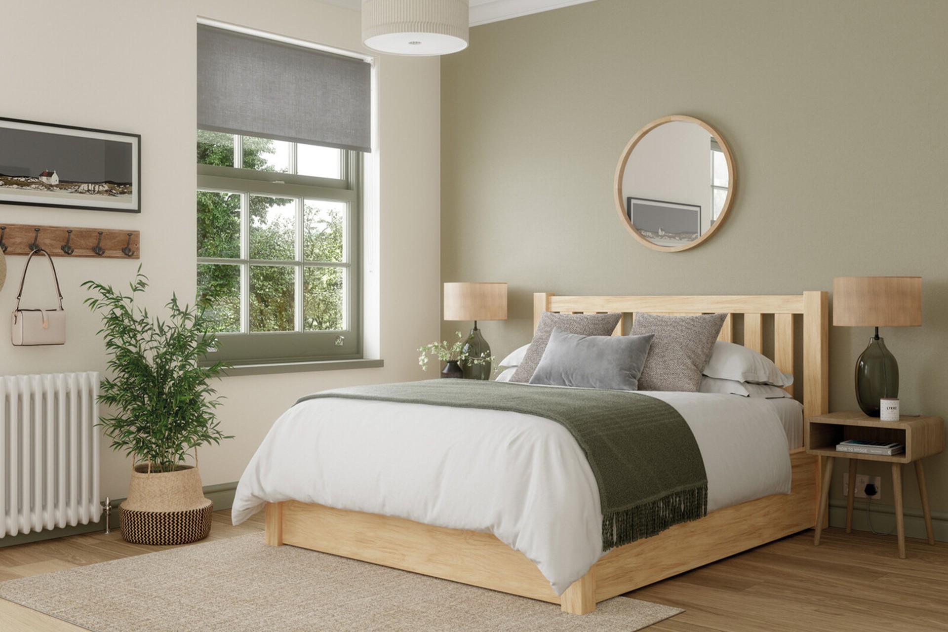 Edgemont wooden ottoman storage bed frame in a farmhouse inspired bedroom design.