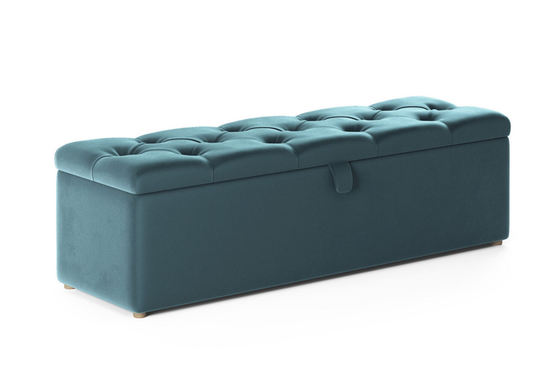 A plush, velvet ottoman storage bench in teal