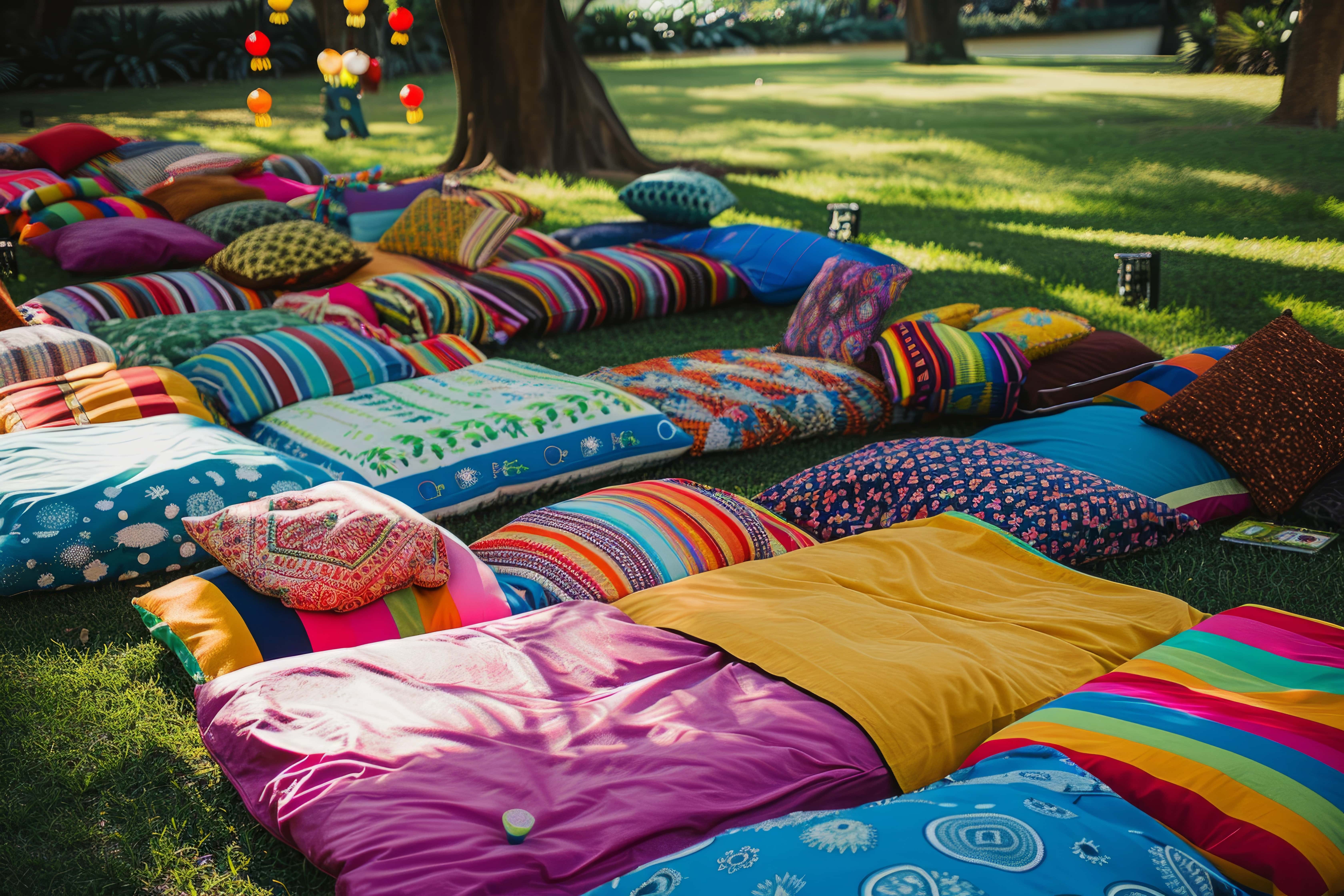 A pile of patterned cushions in a range of colours laid out in the shade of a tree on the grass