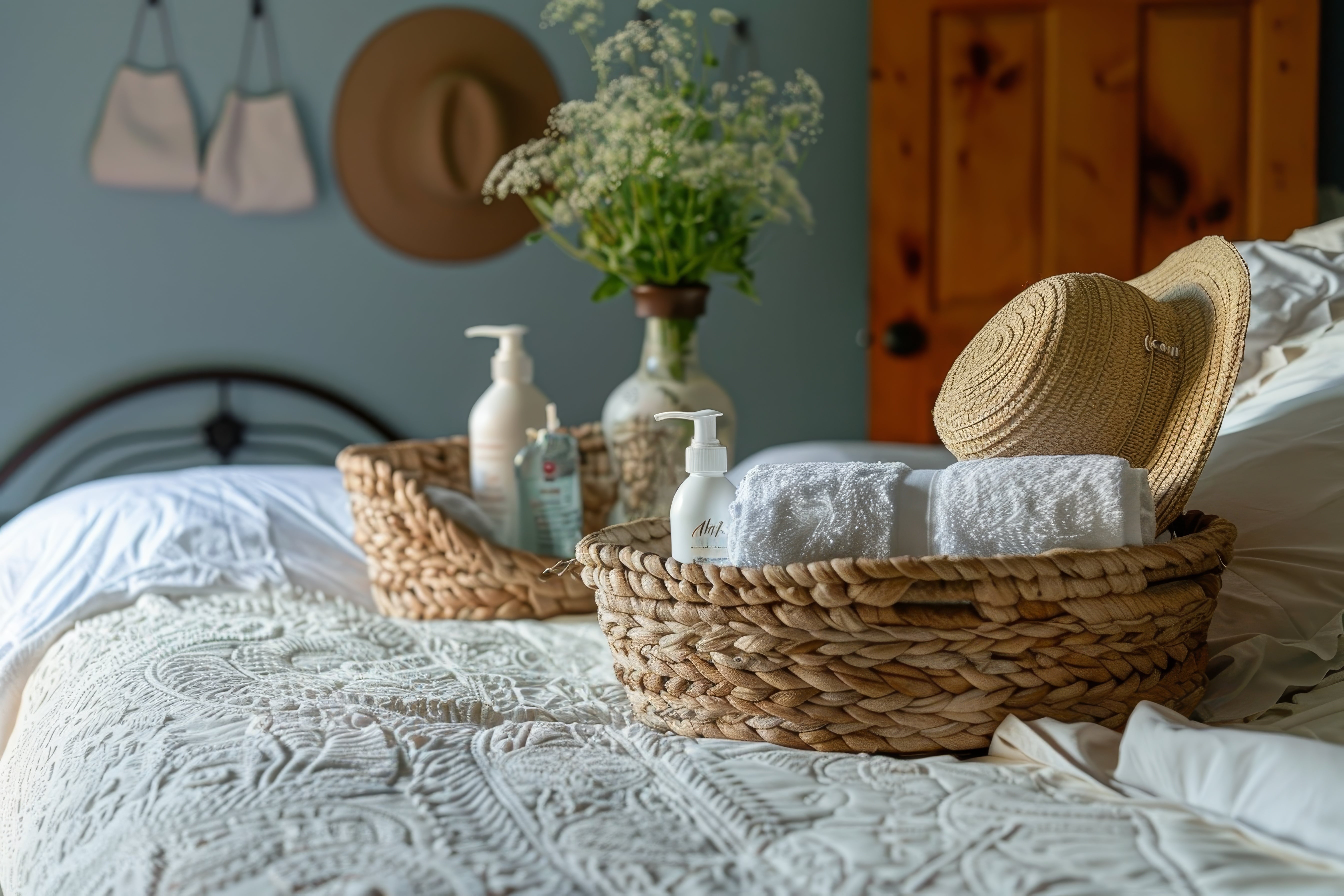 A basket containing overnight essentials including hand wash, towels, and other skincare products.