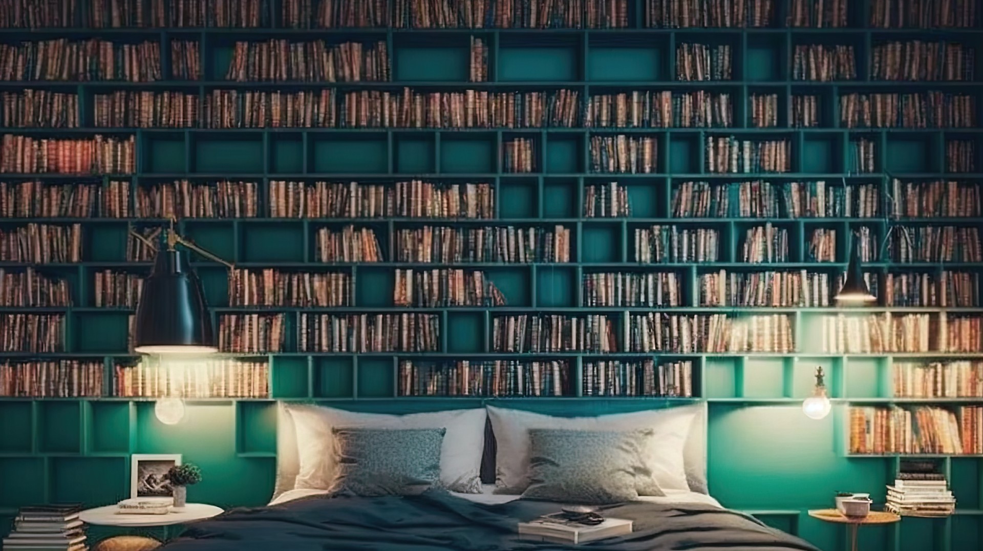 A bed set against a wall of books posing as an oversized headboard