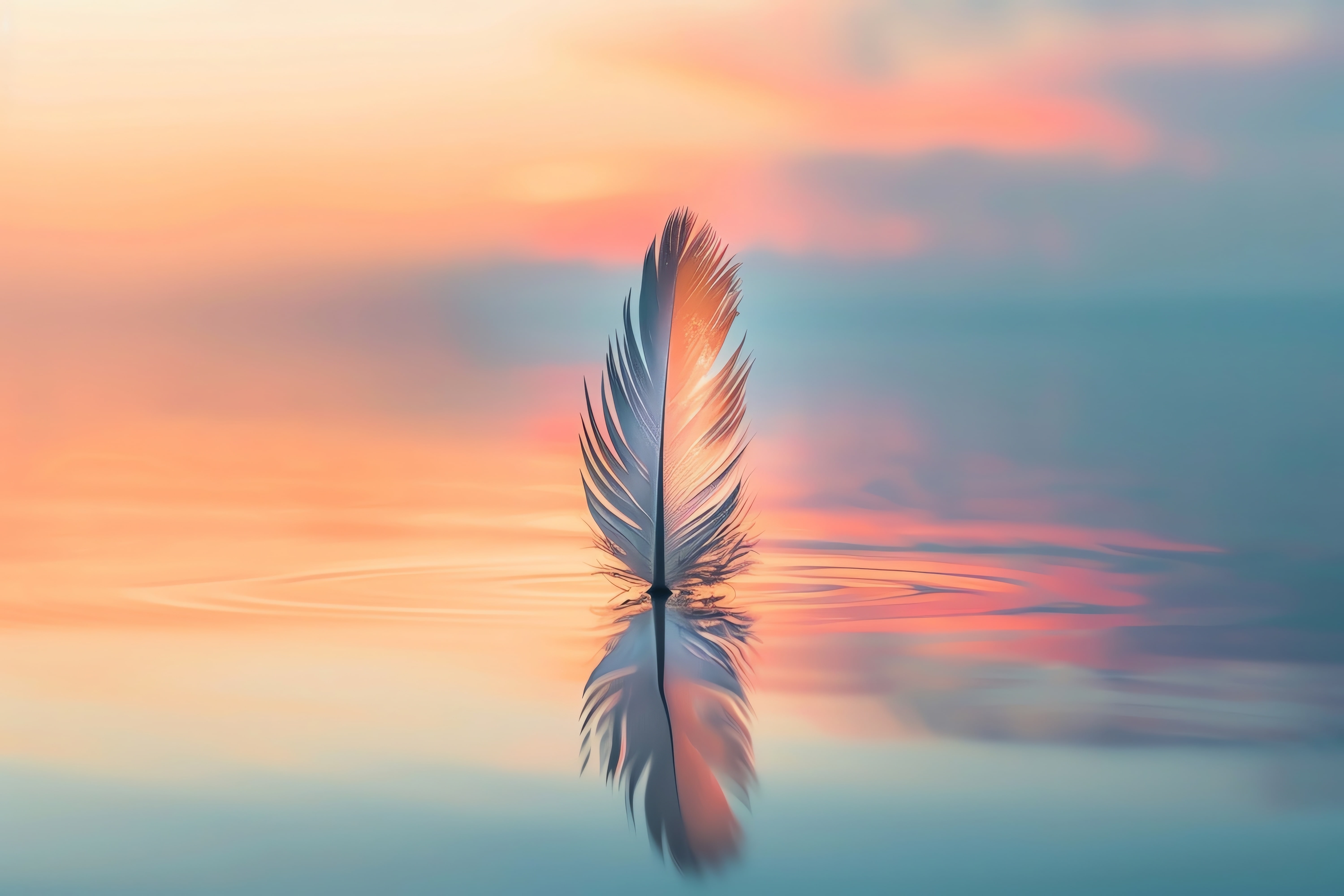 An AI-generated image of a feather floating on a pool of water as the sun sets with beautiful calming blue and pink colours