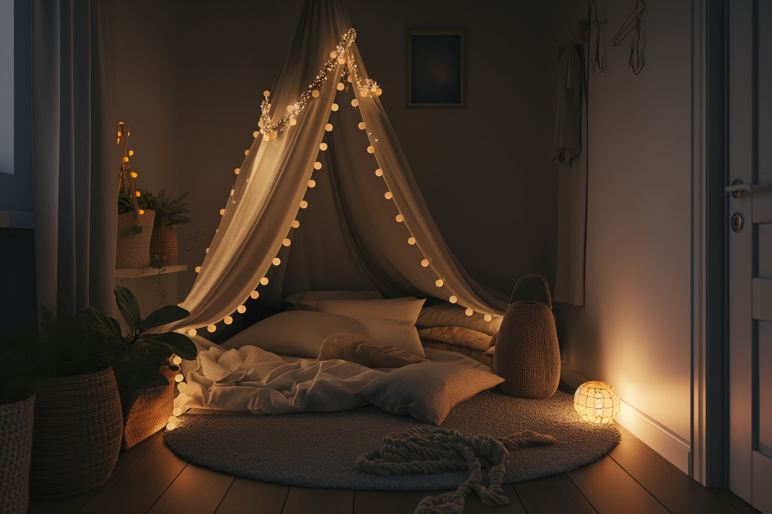 A bed canopy made from sheer fabric, illuminated by fairy lights.