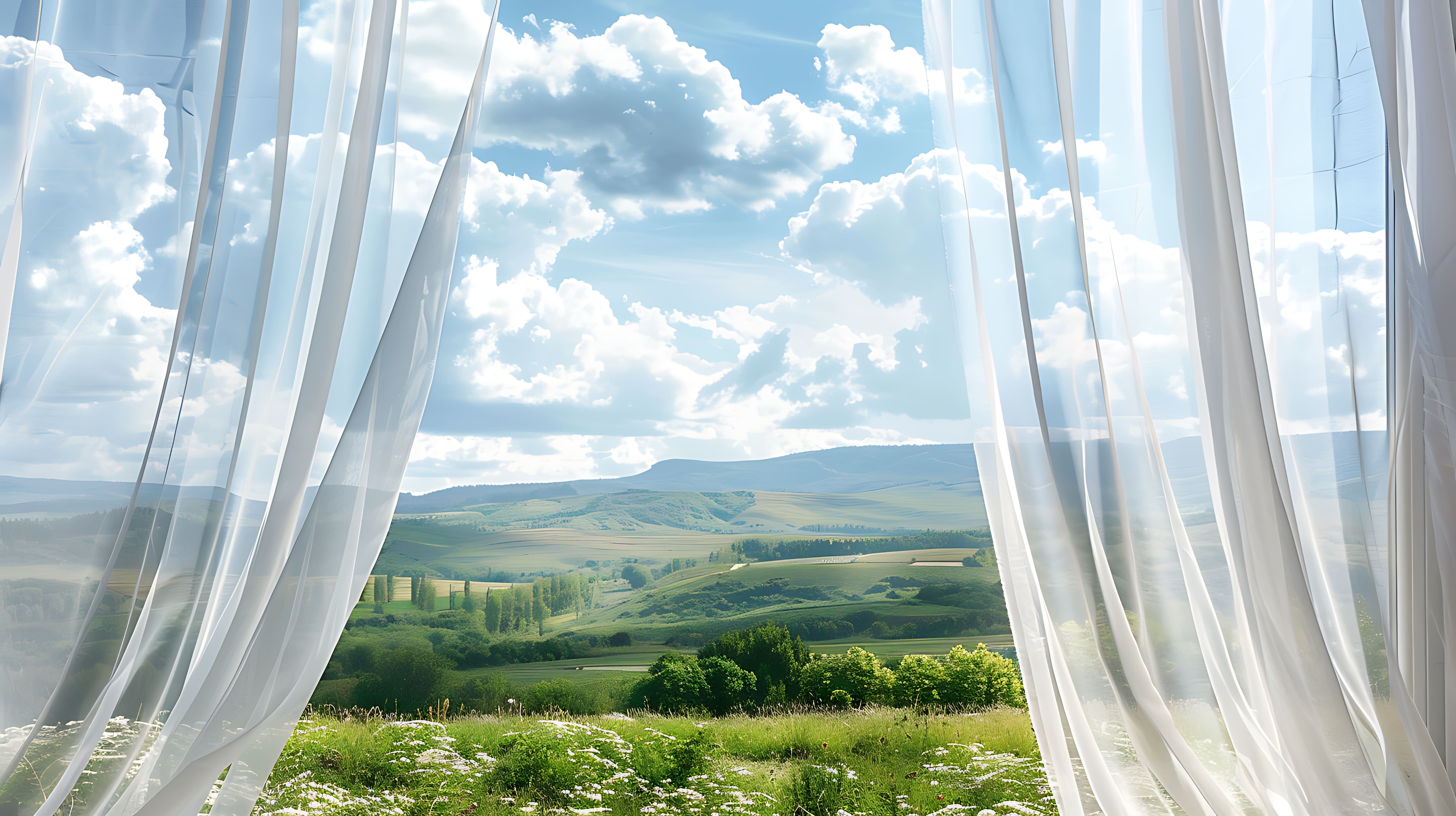 Sheer curtains parted slightly to reveal a clearer view of the surrounding outdoor countryside.