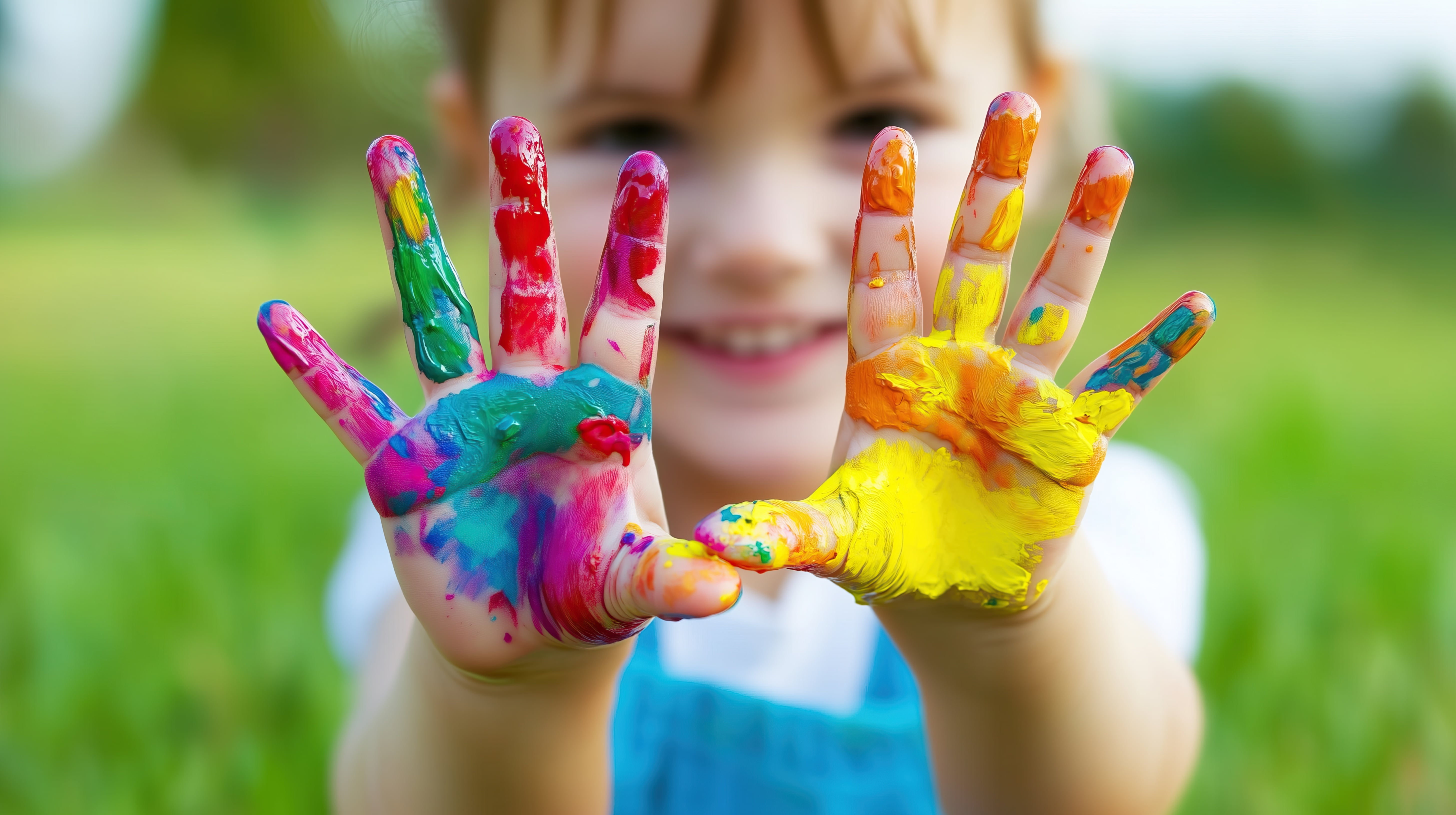 A child smiling while showing his paint-covered hands to the camera.