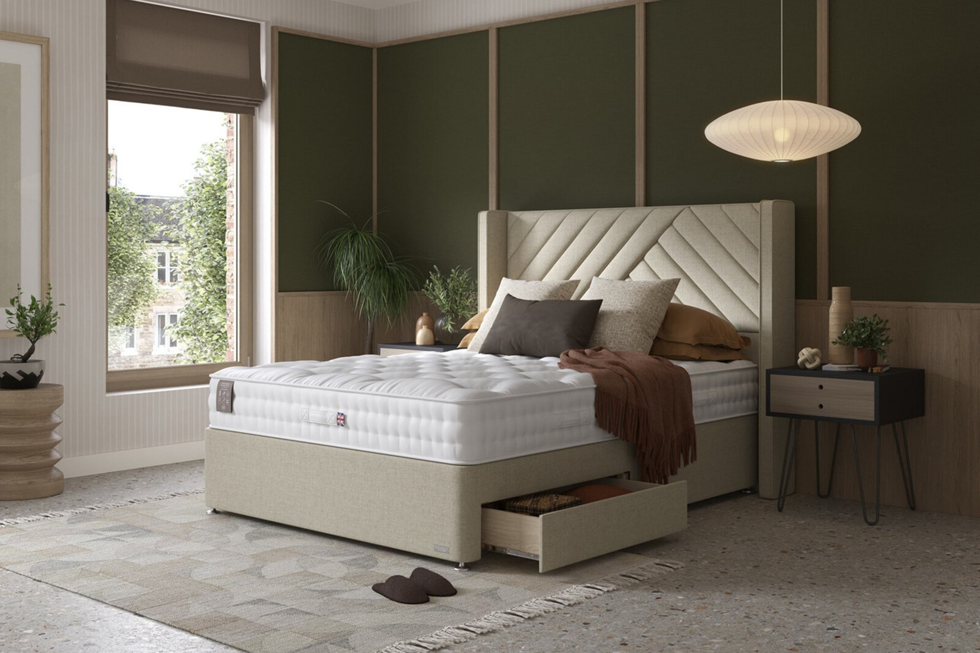 Artisan Splendour beige divan bed with headboard set in a contemporary farmhouse bedroom design.