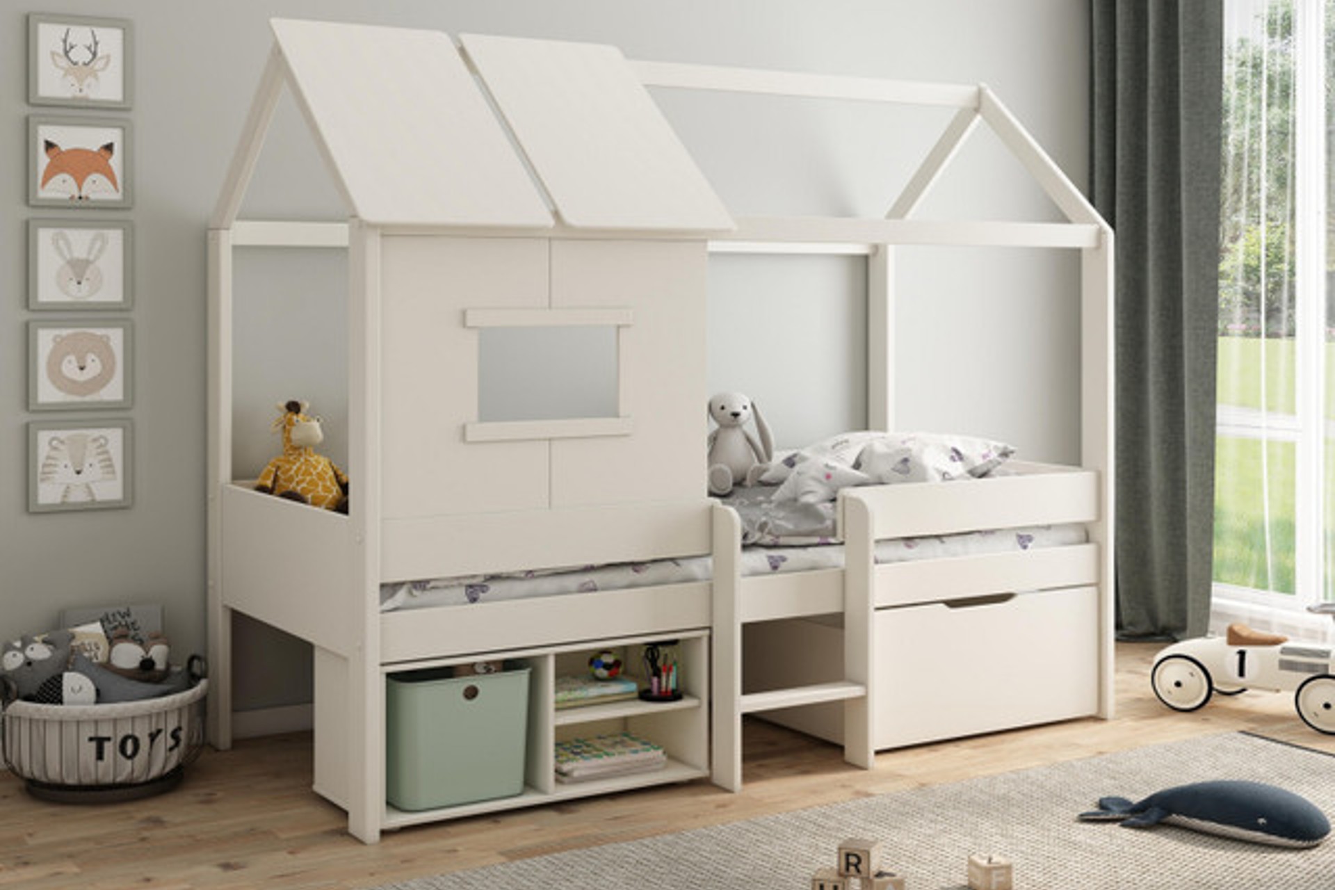 A fun house bed with plenty of storage underneath that's ideal for pre-schoolers.