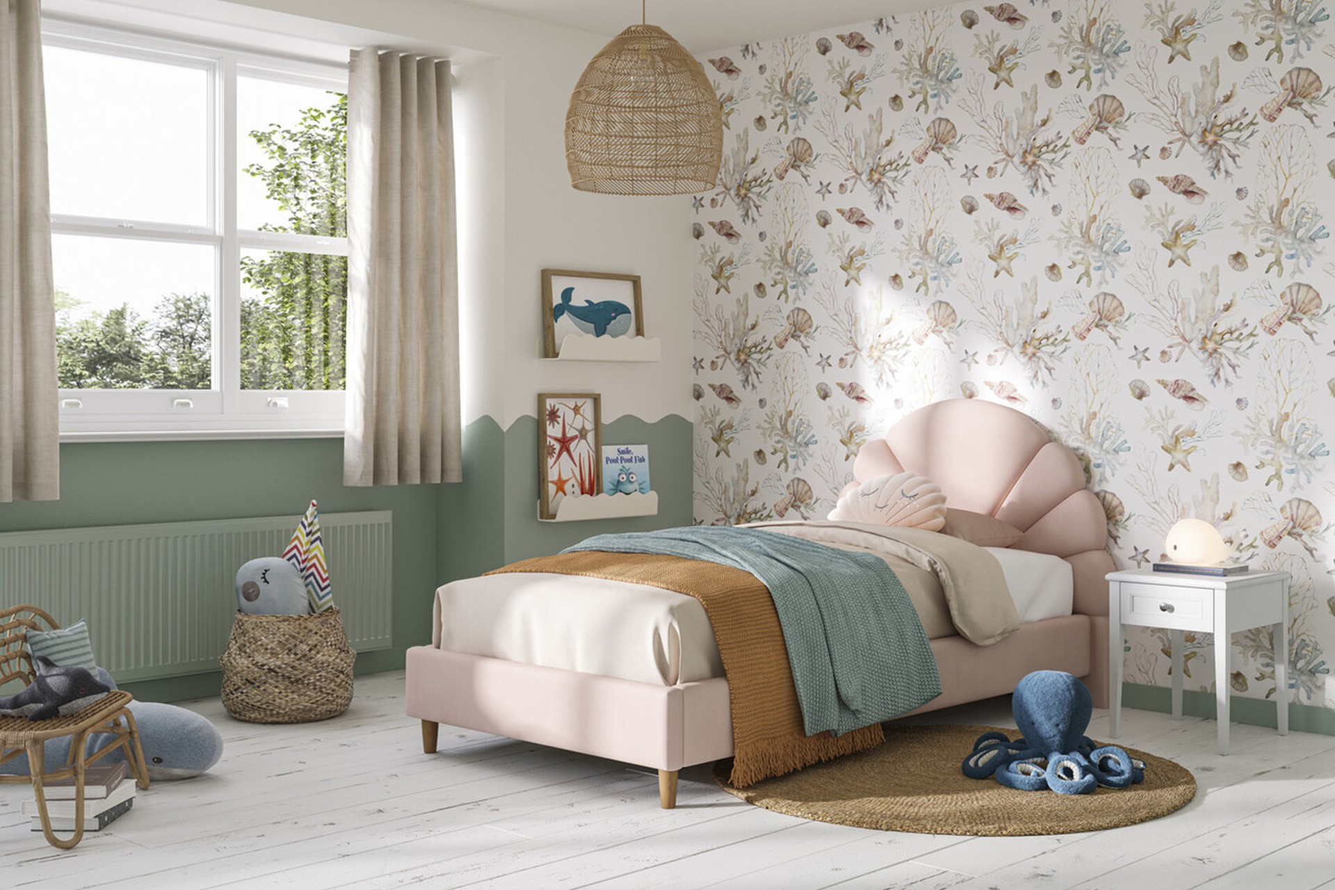 A stylish single bed frame with a fun shell-shaped headboard that's perfect for creating additional comfort for little ones after a hard day of learning.