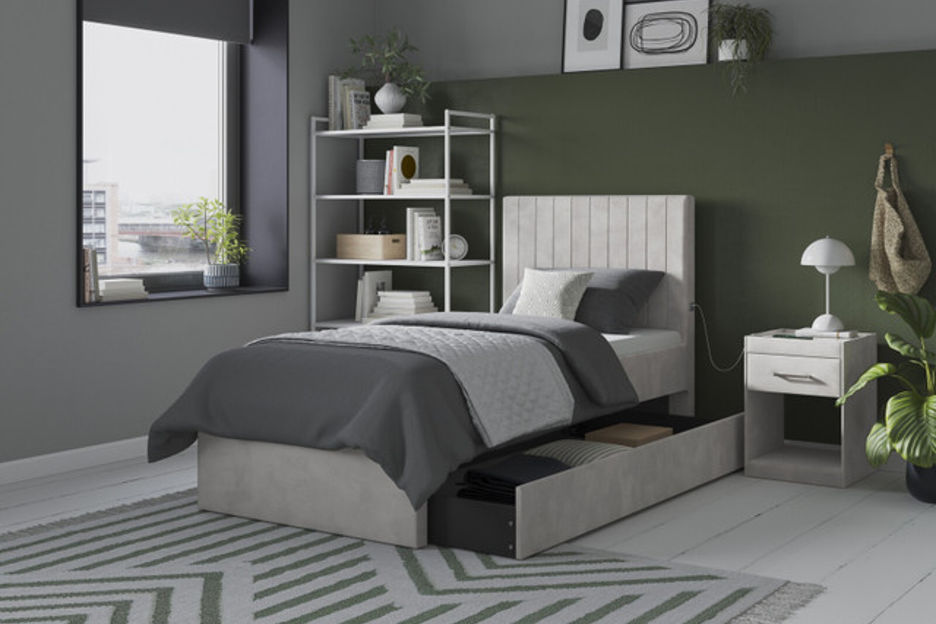 A sophisticated and more grown up bedroom for teens complete with a USB-charger built into the bed frame and a handy storage drawer underneath.