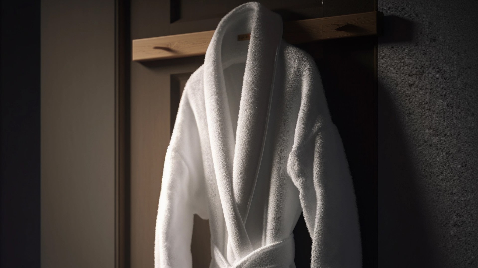 A white dressing gown hanging from a hook fixed to the back of a bedroom door