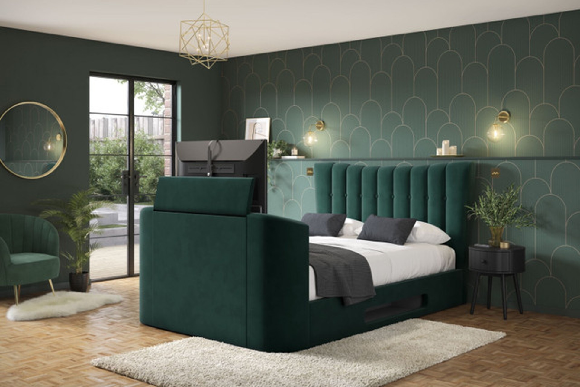 Esther green ottoman TV bed frame with storage