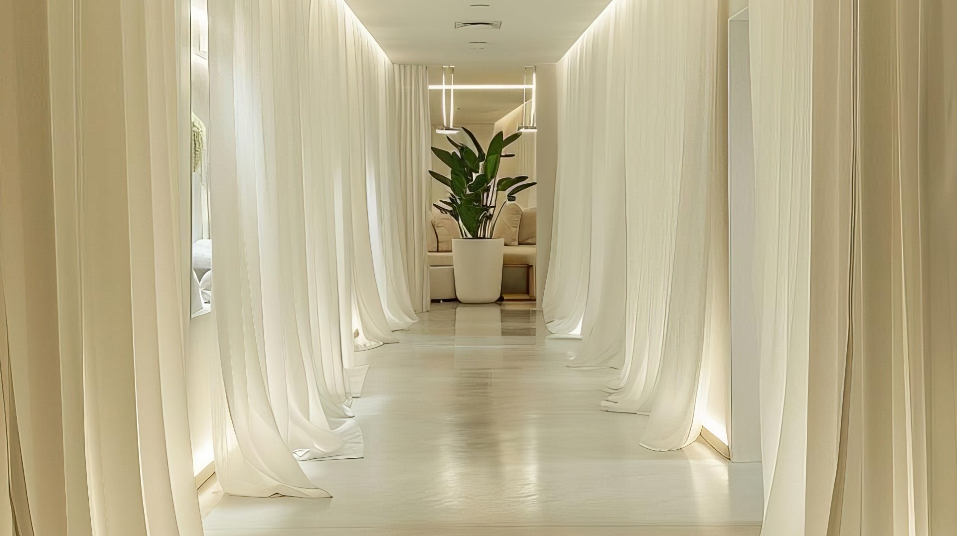 A corridor lined with floor to ceiling height, full-length curtains