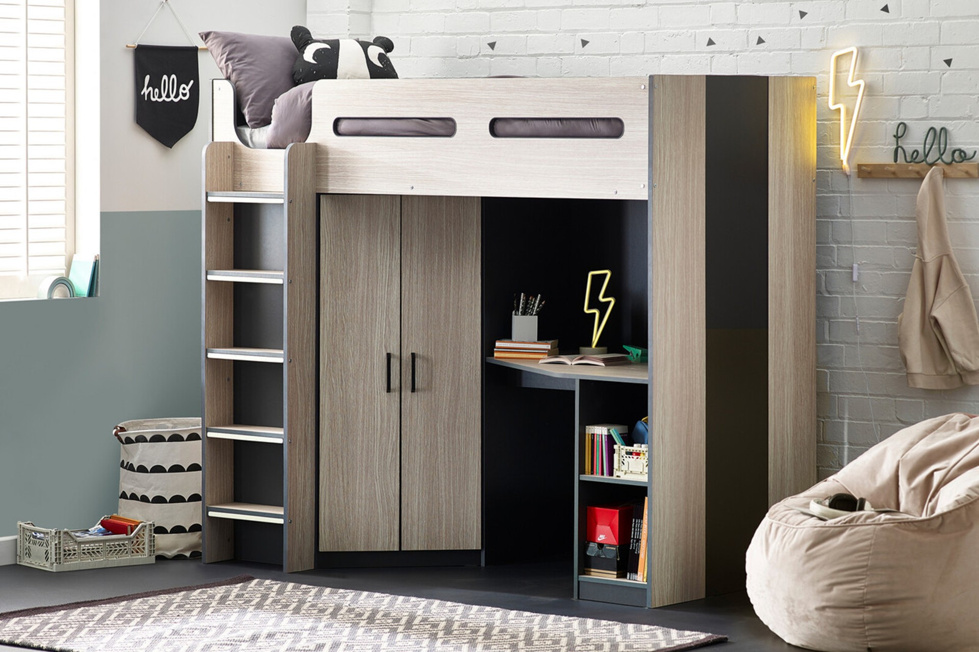 A great space-saving wooden bed for tweens. This high-sleeper (or loft bed) has a wardrobe, a desk, and plenty of storage space underneath.