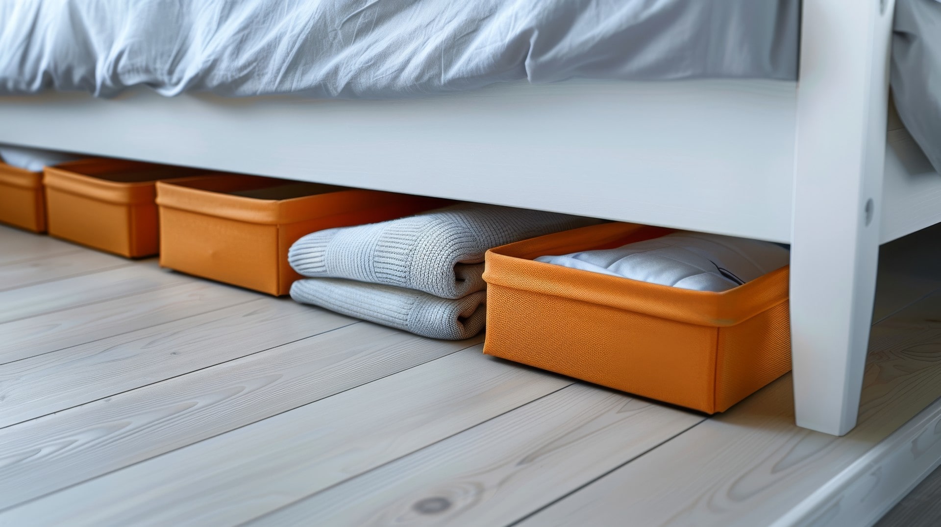 A line of underbed storage boxes helping to keep a smaller bedroom organised