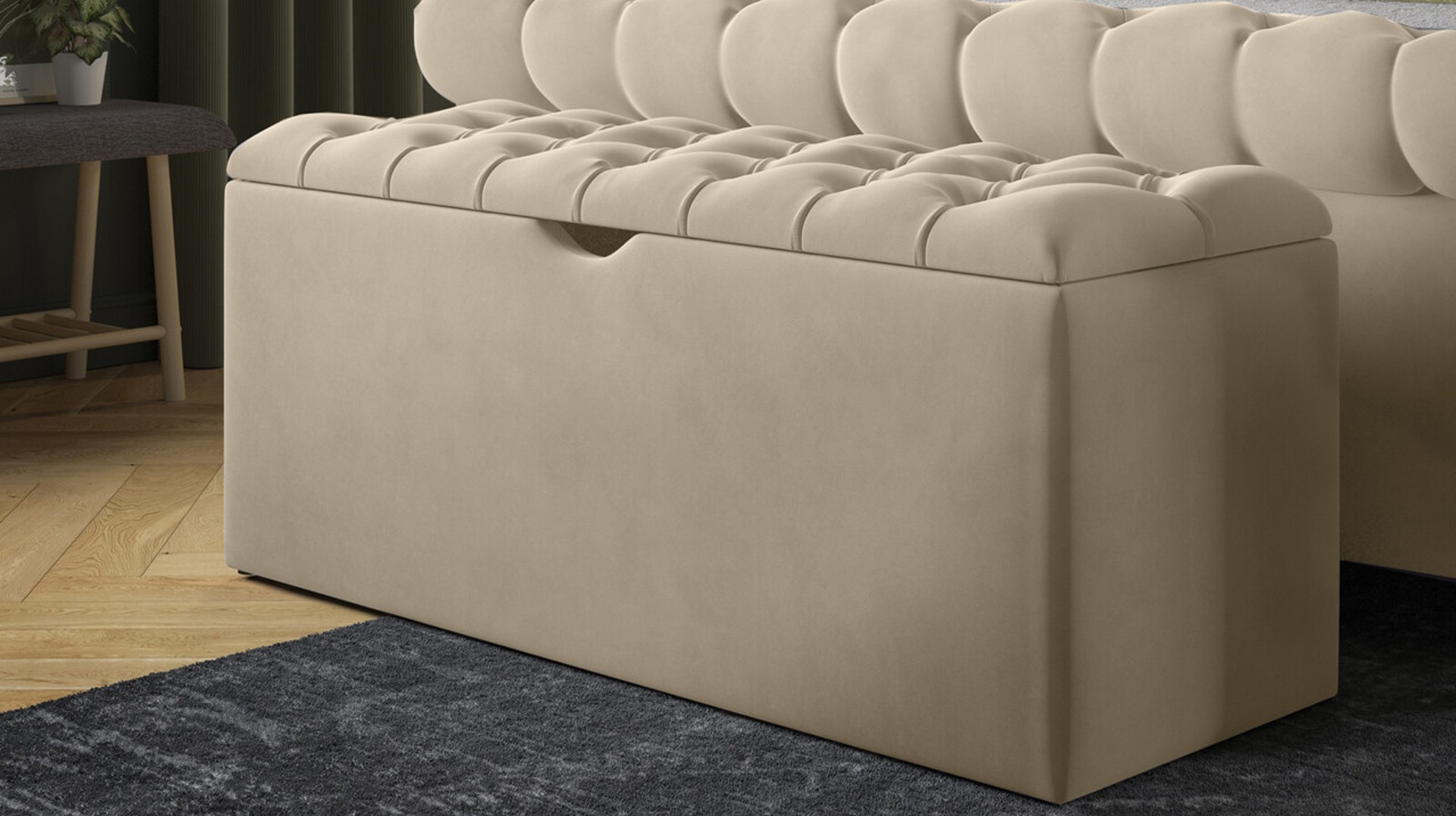 Upholstered ottoman blanket box with cushioned seat and hidden storage