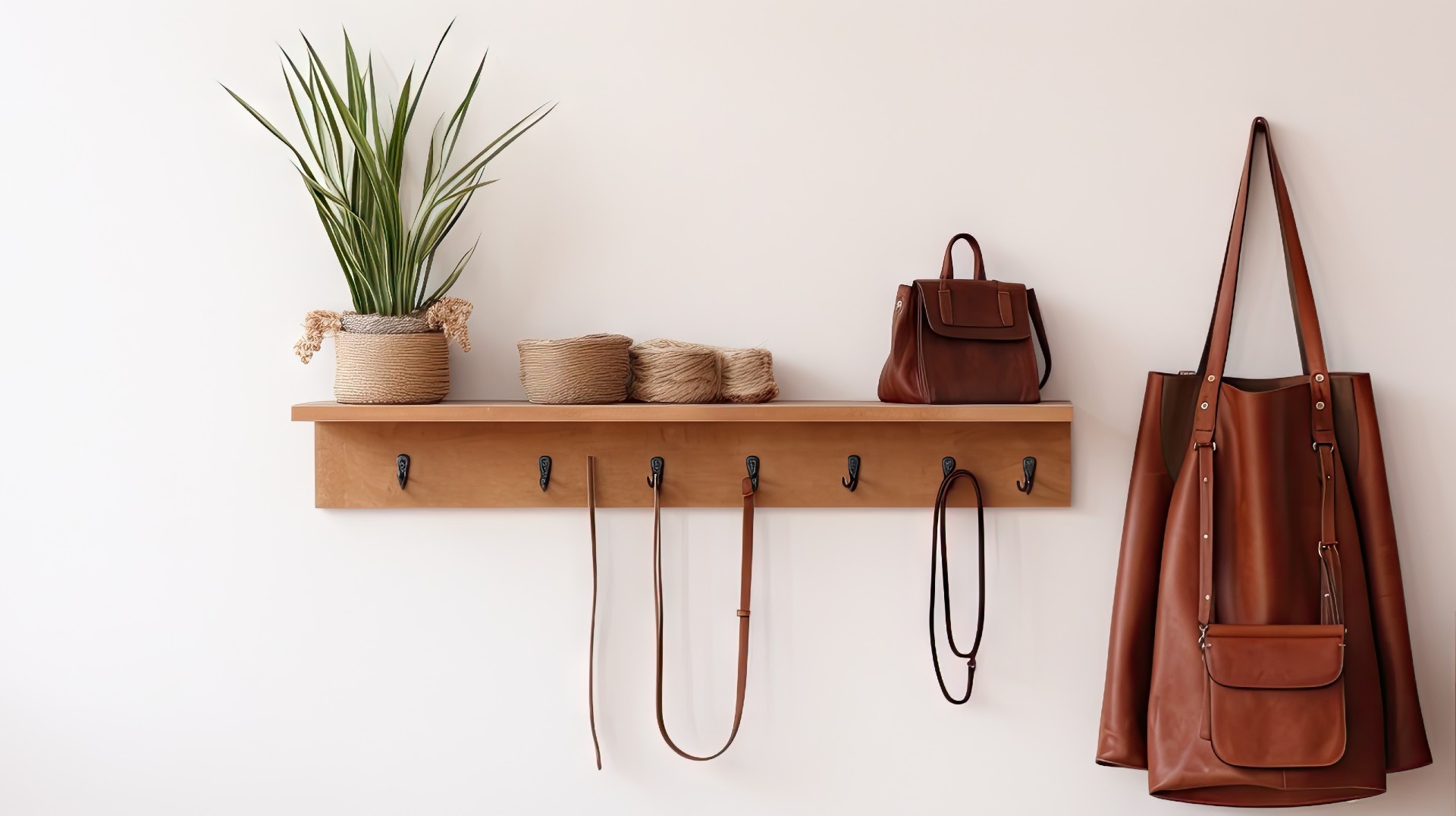 A wall hanger filled with hooks and hanging from them are various accessories including a handbag and two dog leads